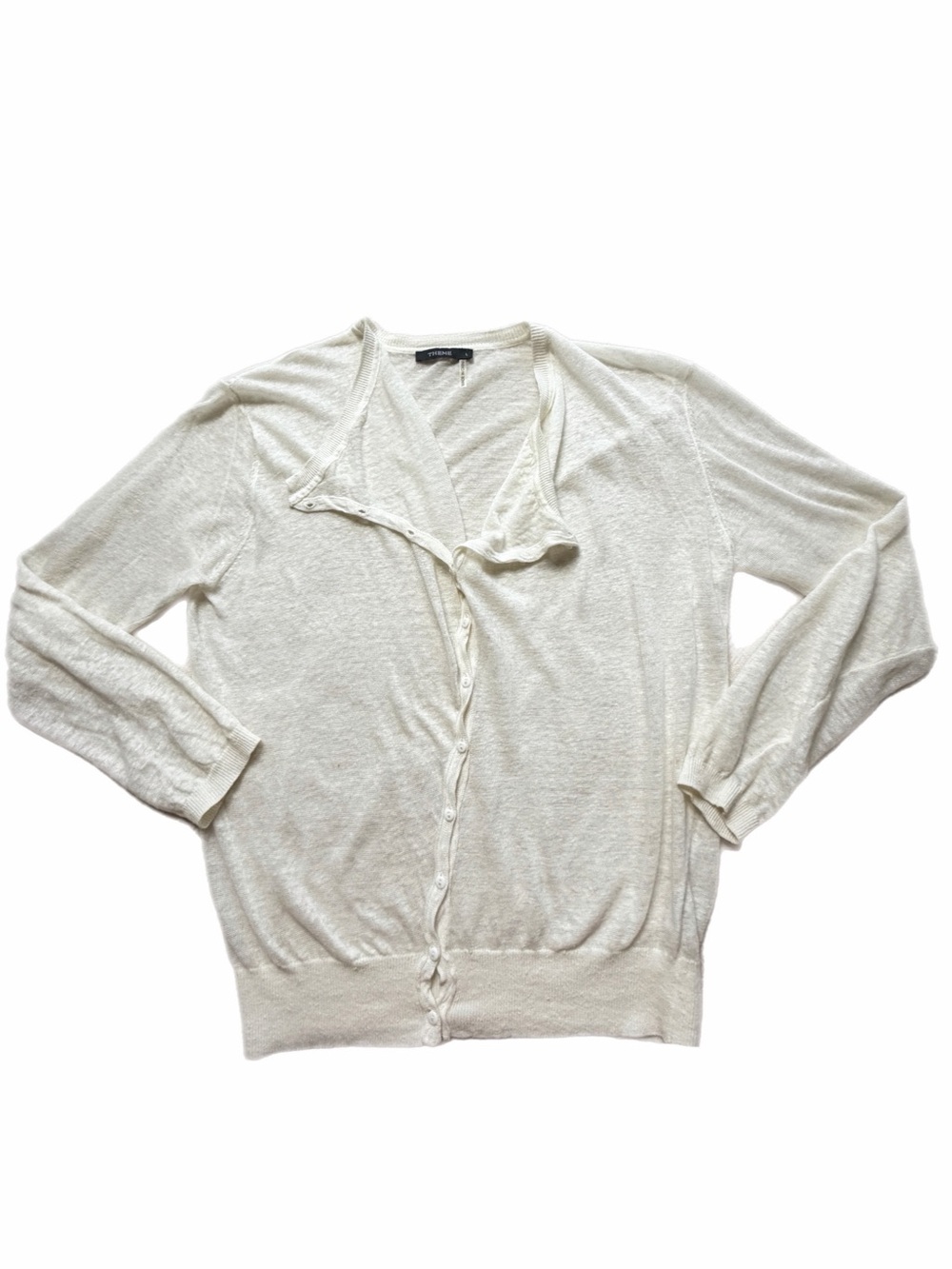 THEME 100% Linen White Asymmetric Neckline Cardigan M Lagenlook Coastal Boho